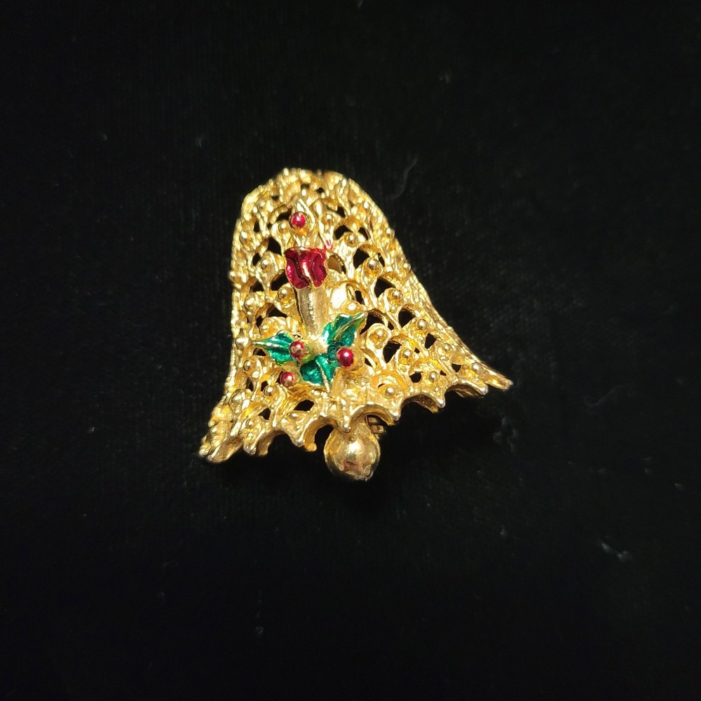 Vintage Unsigned Lacey Gold Tone Christmas Holiday Bell Enamel‎ Leaves Brooch